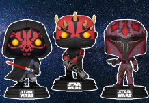 New Star Wars Funko Pops 2026: Maul Shadow Lord and Retro Icons Revealed Three Star Wars Funko Pop! figures from the Shadow Collective against a starry space background: Maul wearing a black hooded robe with a red lightsaber, a Zabrak warrior (Icarus) holding a large gatling-style blaster, and Rook Kast in her signature purple and red Mandalorian armor.