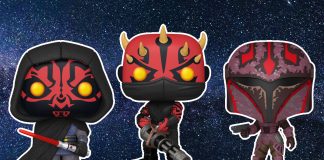 Three Star Wars Funko Pop! figures from the Shadow Collective against a starry space background: Maul wearing a black hooded robe with a red lightsaber, a Zabrak warrior (Icarus) holding a large gatling-style blaster, and Rook Kast in her signature purple and red Mandalorian armor.