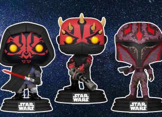 Three Star Wars Funko Pop! figures from the Shadow Collective against a starry space background: Maul wearing a black hooded robe with a red lightsaber, a Zabrak warrior (Icarus) holding a large gatling-style blaster, and Rook Kast in her signature purple and red Mandalorian armor.