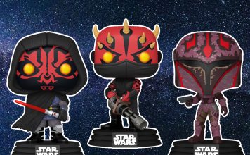 Three Star Wars Funko Pop! figures from the Shadow Collective against a starry space background: Maul wearing a black hooded robe with a red lightsaber, a Zabrak warrior (Icarus) holding a large gatling-style blaster, and Rook Kast in her signature purple and red Mandalorian armor.