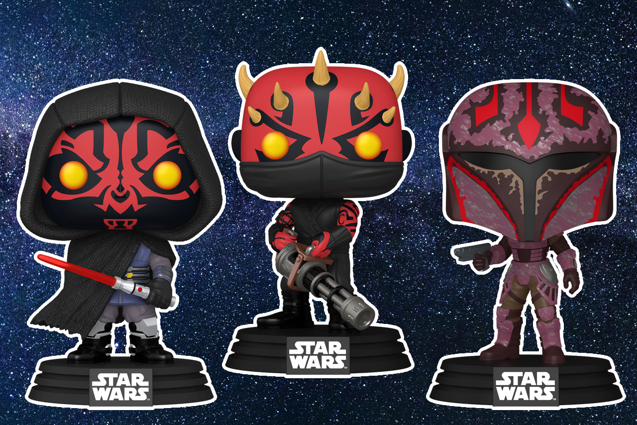 Three Star Wars Funko Pop! figures from the Shadow Collective against a starry space background: Maul wearing a black hooded robe with a red lightsaber, a Zabrak warrior (Icarus) holding a large gatling-style blaster, and Rook Kast in her signature purple and red Mandalorian armor.