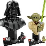 The new LEGO Star Wars Darth Vader Bust (75439) and Yoda Bust (75438) displayed side-by-side with their respective minifigures and nameplates.