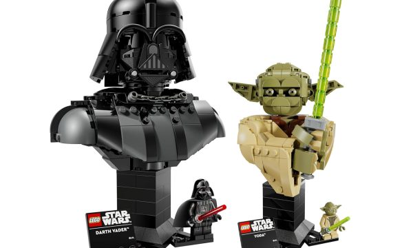 The new LEGO Star Wars Darth Vader Bust (75439) and Yoda Bust (75438) displayed side-by-side with their respective minifigures and nameplates.