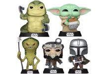 New Mandalorian and Grogu Funko Pops Leaked Online Ahead of Movie Debut A collection of five leaked Star Wars Funko Pops for "The Mandalorian & Grogu," featuring a muscular green Hutt-like creature with axes, Grogu eating a snack, a tall slender green alien with a spear, an Anzellan character, and Din Djarin with a shield and vibroblade.