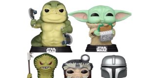 A collection of five leaked Star Wars Funko Pops for "The Mandalorian & Grogu," featuring a muscular green Hutt-like creature with axes, Grogu eating a snack, a tall slender green alien with a spear, an Anzellan character, and Din Djarin with a shield and vibroblade.