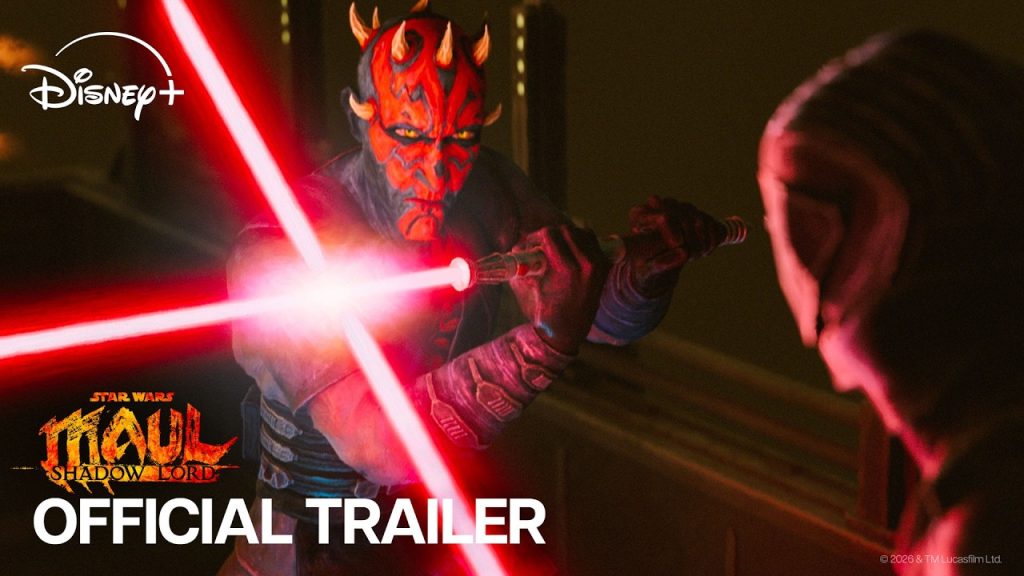 Maul with his red lightsaber ignited and crossed against another blade in a dark setting, featured in the official trailer for Star Wars: Maul - Shadow Lord on Disney+.