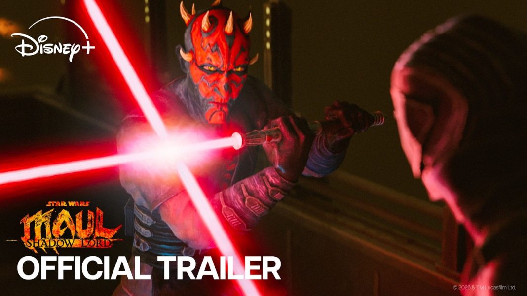 Maul with his red lightsaber ignited and crossed against another blade in a dark setting, featured in the official trailer for Star Wars: Maul - Shadow Lord on Disney+.