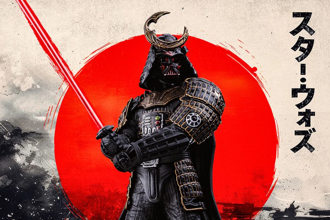 Close-up of the Iron Studios Darth Vader Samurai Statue 1/10 scale holding a red lightsaber katana against a red sun background.