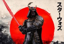 Close-up of the Iron Studios Darth Vader Samurai Statue 1/10 scale holding a red lightsaber katana against a red sun background.