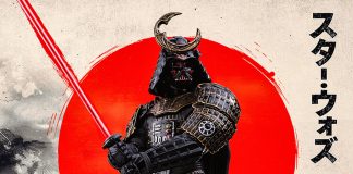 Close-up of the Iron Studios Darth Vader Samurai Statue 1/10 scale holding a red lightsaber katana against a red sun background.