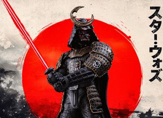 Close-up of the Iron Studios Darth Vader Samurai Statue 1/10 scale holding a red lightsaber katana against a red sun background.