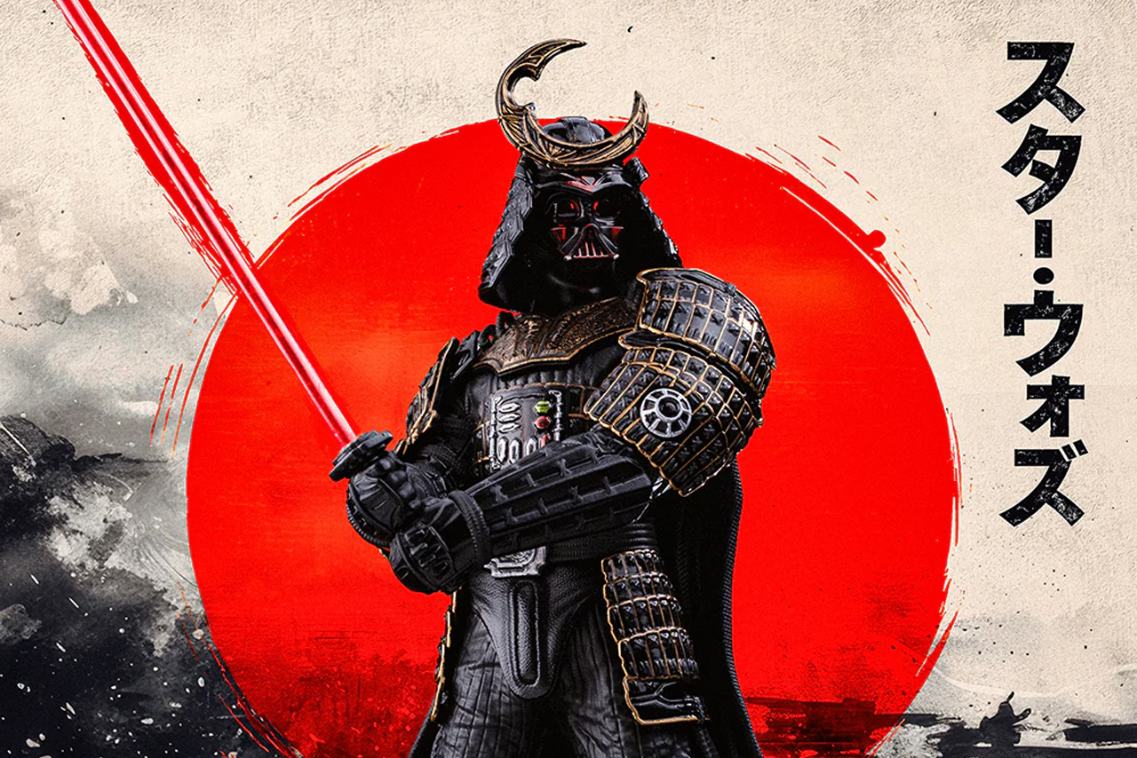 Close-up of the Iron Studios Darth Vader Samurai Statue 1/10 scale holding a red lightsaber katana against a red sun background.