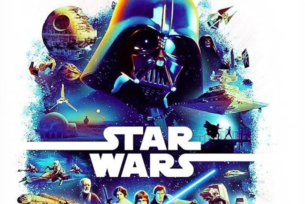 A vibrant, stylized Star Wars collage featuring Darth Vader at the center, surrounded by iconic characters like Luke Skywalker, Princess Leia, Han Solo, and Obi-Wan Kenobi, alongside the Death Star and X-wings.