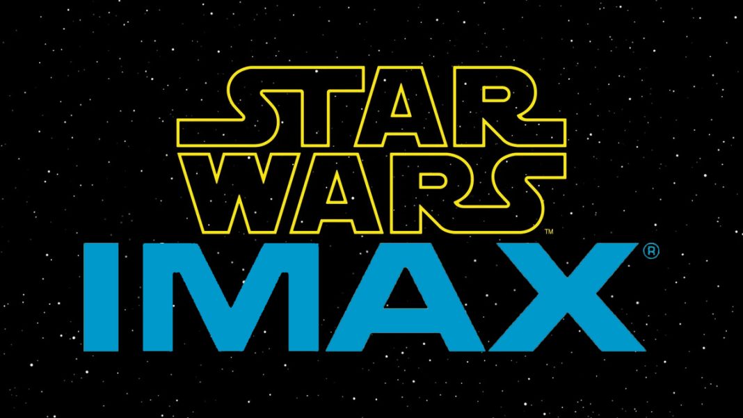 The yellow Star Wars logo stacked above a large blue IMAX logo against a black background filled with white stars.