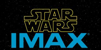 The yellow Star Wars logo stacked above a large blue IMAX logo against a black background filled with white stars.