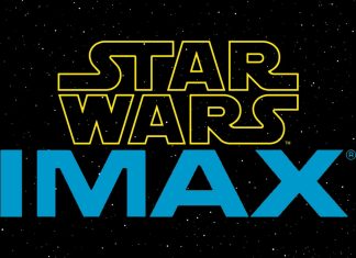 The yellow Star Wars logo stacked above a large blue IMAX logo against a black background filled with white stars.