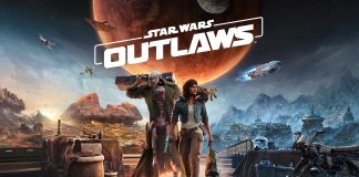 Star Wars Outlaws protagonist Kay Vess with her companion Nix and the droid ND-5 in an open-world setting.