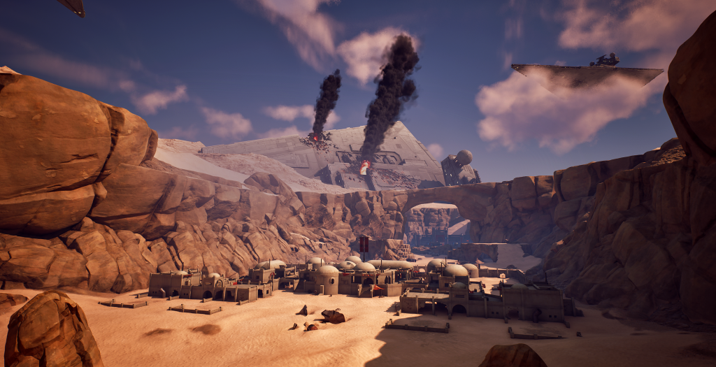 A wide landscape of a Tatooine-inspired desert town in Fortnite Creative featuring a crashed Star Destroyer in the background with rising black smoke and another ship hovering above.