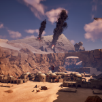 A wide landscape of a Tatooine-inspired desert town in Fortnite Creative featuring a crashed Star Destroyer in the background with rising black smoke and another ship hovering above.