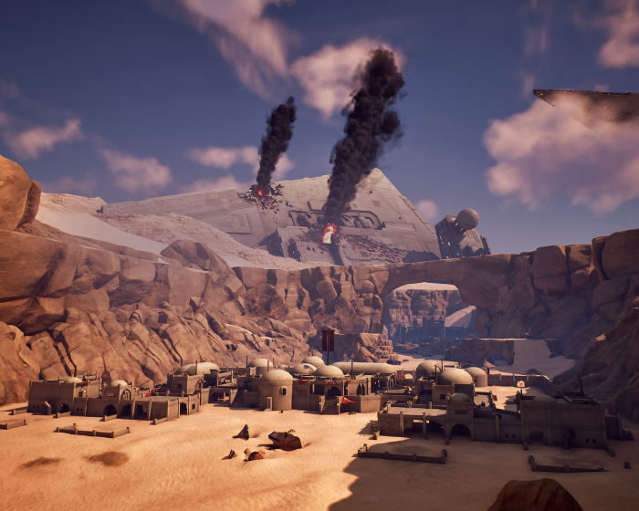 A wide landscape of a Tatooine-inspired desert town in Fortnite Creative featuring a crashed Star Destroyer in the background with rising black smoke and another ship hovering above.