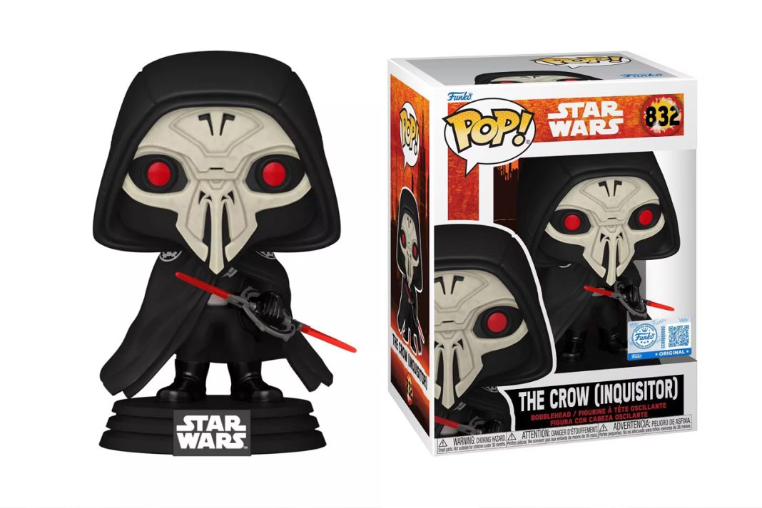 Funko Pop Star Wars The Crow Inquisitor figure #832 holding a dual-bladed red lightsaber next to its Target exclusive window box packaging.