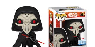 Funko Pop Star Wars The Crow Inquisitor figure #832 holding a dual-bladed red lightsaber next to its Target exclusive window box packaging.