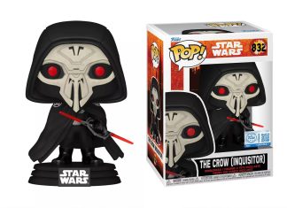 Funko Pop Star Wars The Crow Inquisitor figure #832 holding a dual-bladed red lightsaber next to its Target exclusive window box packaging.