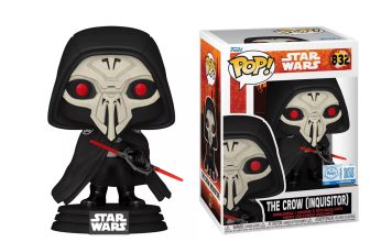 Funko Pop Star Wars The Crow Inquisitor figure #832 holding a dual-bladed red lightsaber next to its Target exclusive window box packaging.