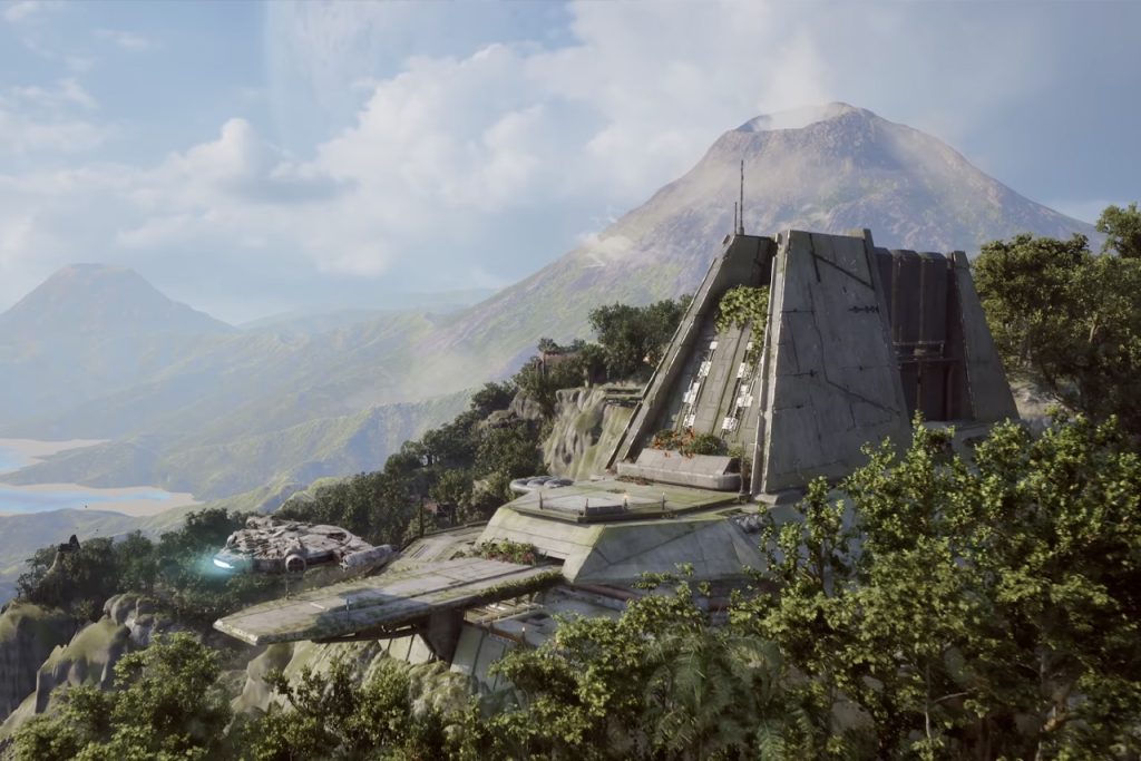 Cinematic gameplay screenshot from Star Wars Galactic Racer featuring a sleek freighter flying toward a massive, Brutalist-style stone temple built into a lush, tropical mountainside with a volcano in the background.