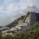 Cinematic gameplay screenshot from Star Wars Galactic Racer featuring a sleek freighter flying toward a massive, Brutalist-style stone temple built into a lush, tropical mountainside with a volcano in the background.