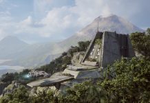 Cinematic gameplay screenshot from Star Wars Galactic Racer featuring a sleek freighter flying toward a massive, Brutalist-style stone temple built into a lush, tropical mountainside with a volcano in the background.