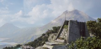 Cinematic gameplay screenshot from Star Wars Galactic Racer featuring a sleek freighter flying toward a massive, Brutalist-style stone temple built into a lush, tropical mountainside with a volcano in the background.