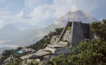 Cinematic gameplay screenshot from Star Wars Galactic Racer featuring a sleek freighter flying toward a massive, Brutalist-style stone temple built into a lush, tropical mountainside with a volcano in the background.