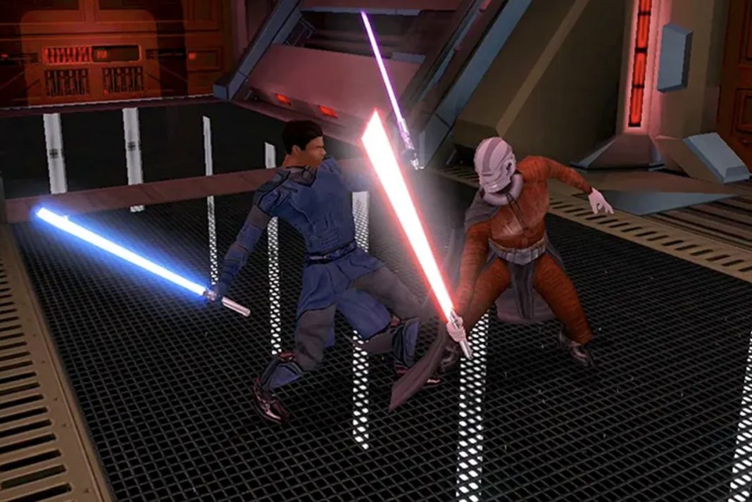 A lightsaber duel between a Jedi and a Sith in the classic Star Wars: Knights of the Old Republic game.