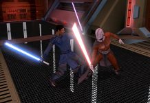 A lightsaber duel between a Jedi and a Sith in the classic Star Wars: Knights of the Old Republic game.