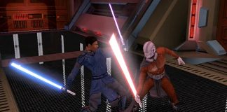 Star Wars: Knights of the Old Republic Remake Development Update A lightsaber duel between a Jedi and a Sith in the classic Star Wars: Knights of the Old Republic game.