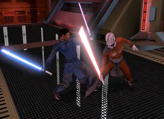 A lightsaber duel between a Jedi and a Sith in the classic Star Wars: Knights of the Old Republic game.
