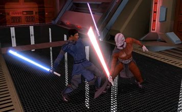 A lightsaber duel between a Jedi and a Sith in the classic Star Wars: Knights of the Old Republic game.