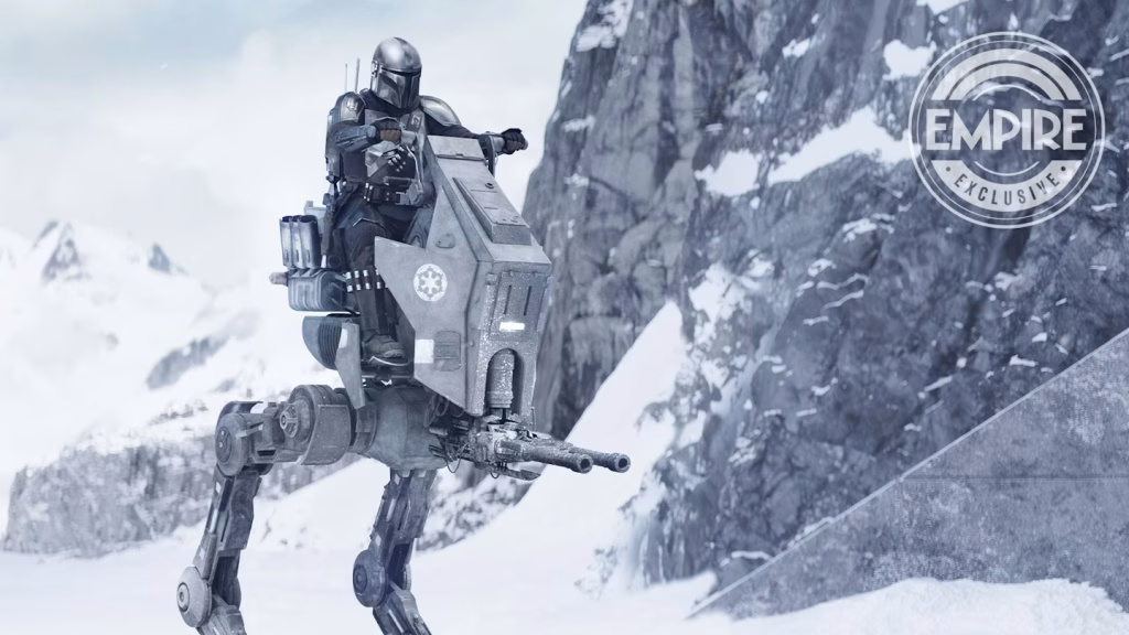 The Mandalorian (Din Djarin) piloting an Imperial AT-RT walker through a snowy, mountainous landscape in a still from The Mandalorian and Grogu movie.