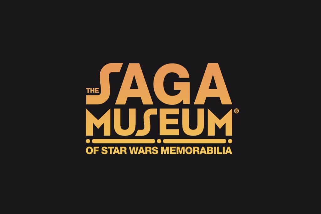 Official gold and orange gradient logo for The Saga Museum of Star Wars Memorabilia on a solid black background.