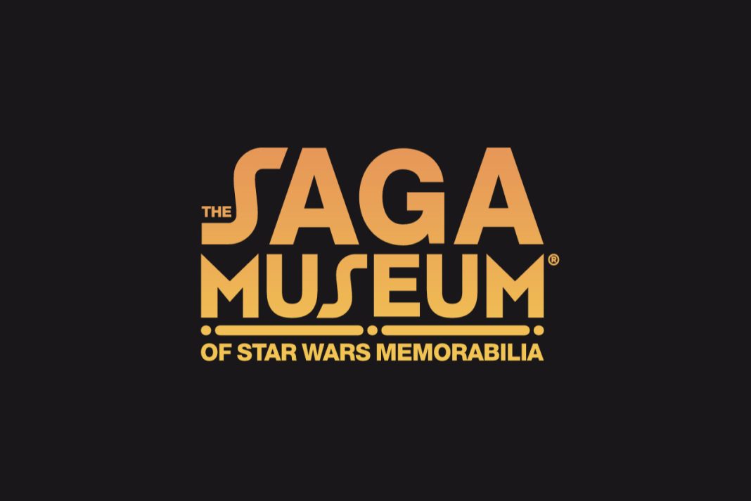 Official gold and orange gradient logo for The Saga Museum of Star Wars Memorabilia on a solid black background.