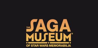 Official gold and orange gradient logo for The Saga Museum of Star Wars Memorabilia on a solid black background.