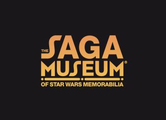 Official gold and orange gradient logo for The Saga Museum of Star Wars Memorabilia on a solid black background.