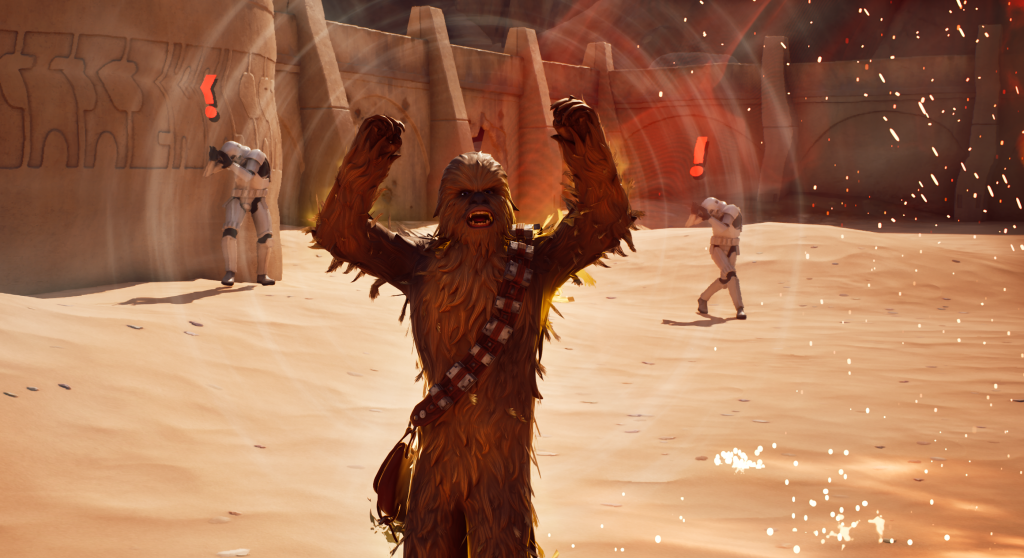 Chewbacca performs a powerful Wookiee War Cry in Fortnite, emitting red sonic shockwaves that disorient nearby Stormtroopers in a desert environment.