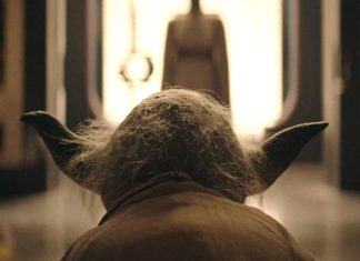 Showrunner Leslye Headland speaking during an interview, juxtaposed with a close-up of Master Yoda from the finale of The Acolyte, teasing his role in Season 2.