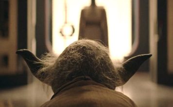 Showrunner Leslye Headland speaking during an interview, juxtaposed with a close-up of Master Yoda from the finale of The Acolyte, teasing his role in Season 2.