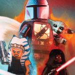 LEGO minifigures of The Mandalorian, Grogu, Ahsoka Tano, and Darth Maul featured on the Blocks LEGO Star Wars Special magazine cover art.