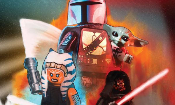 LEGO minifigures of The Mandalorian, Grogu, Ahsoka Tano, and Darth Maul featured on the Blocks LEGO Star Wars Special magazine cover art.