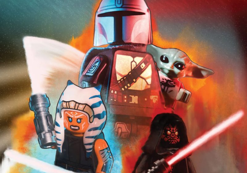 LEGO minifigures of The Mandalorian, Grogu, Ahsoka Tano, and Darth Maul featured on the Blocks LEGO Star Wars Special magazine cover art.