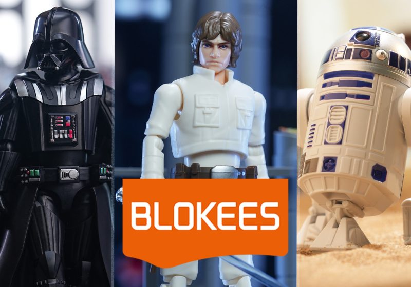 A three-panel collage showcasing Blokees Star Wars Galaxy Version 02 model kits of Darth Vader, Luke Skywalker in Cloud City fatigues, and R2-D2.
